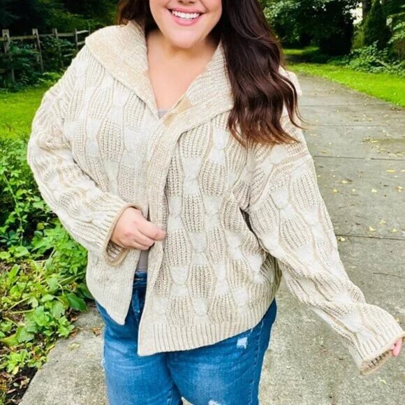 New Autumn Vibes Taupe Textured Cable Knit Collared Cardigan Sizes 1x, 2x, & 3X - Picture 5 of 9